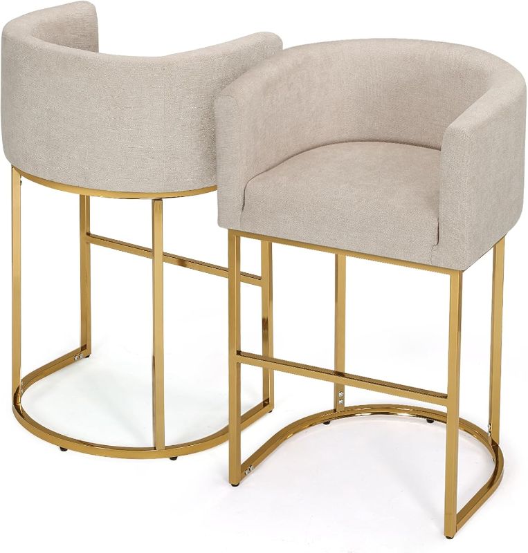 Photo 1 of Bar Stools Set of 2, 38 Inch Height Modern Kitchen Bar Stools with Fabric Upholstered, Indoor & Outdoor Bar Stools for Kitchen Island,BarStools with Gold Metal Stand?White?