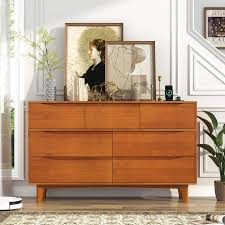 Photo 1 of 55" Solid Wood 7-Drawer Dresser with Power Outlet & USB Ports, Mid-Century Modern Pine Wood Chest of Drawers, Large Storage Cabinet for Bedroom/Living Room/Hallway, Caramel Red