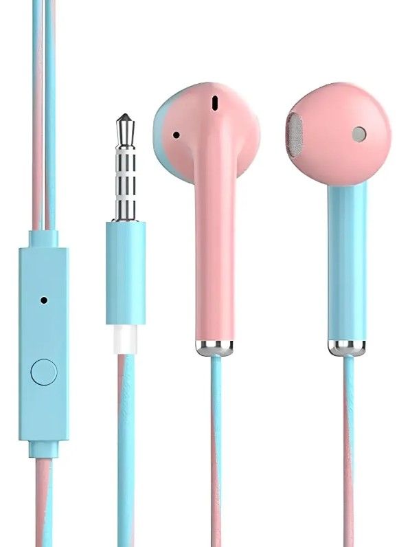 Photo 1 of  VPB Fashion QC-31  Inline microphone and multi-function button for play/pause, call handling, and song navigation. Two-tone pink and blue cable with a braided texture