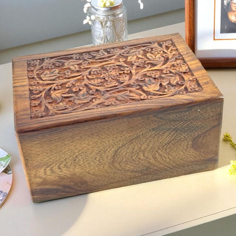 Photo 1 of Floral Engraved Handcarved Cremation Urns For Human Ashes Adult Male Female Wooden Decorative Urn Burial Casket For Child Pet Cat Dog Ashes Memorial Funeral Urn Case Keepsake Box -Extra Small 5" x 3" x 2.25"