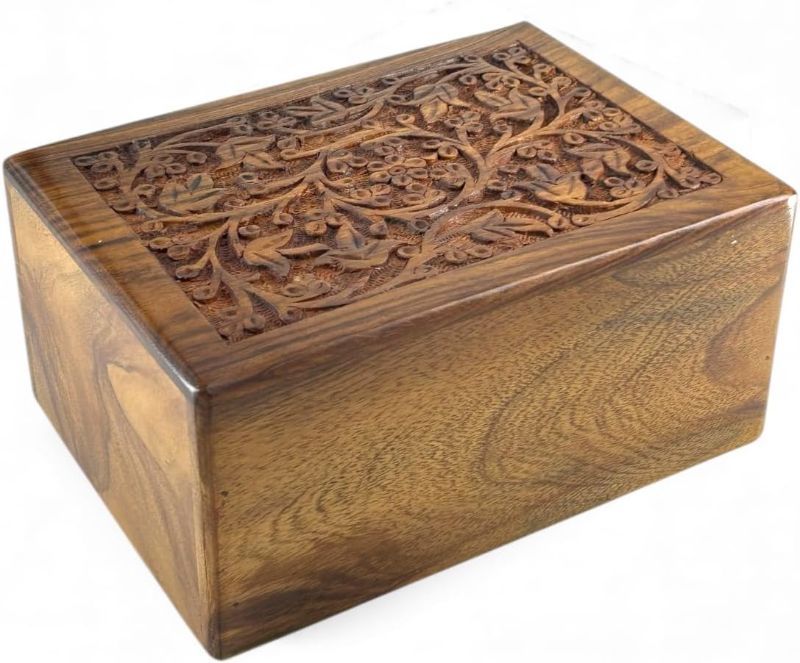 Photo 1 of Floral Engraved Handcarved Cremation Urns For Human Ashes Adult Male Female Wooden Decorative Urn Burial Casket For Child Pet Cat Dog Ashes Memorial Funeral Urn Case Keepsake Box -Extra Small 5" x 3" x 2.25"