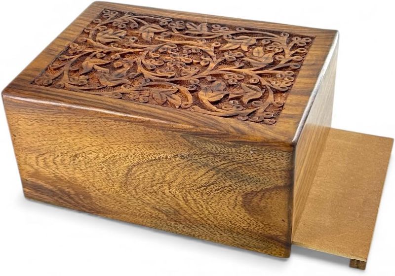 Photo 1 of Floral Engraved Handcarved Cremation Urns For Human Ashes Adult Male Female Wooden Decorative Urn Burial Casket For Child Pet Cat Dog Ashes Memorial Funeral Urn Case Keepsake Box -Extra Small  5" x 3" x 2.25"