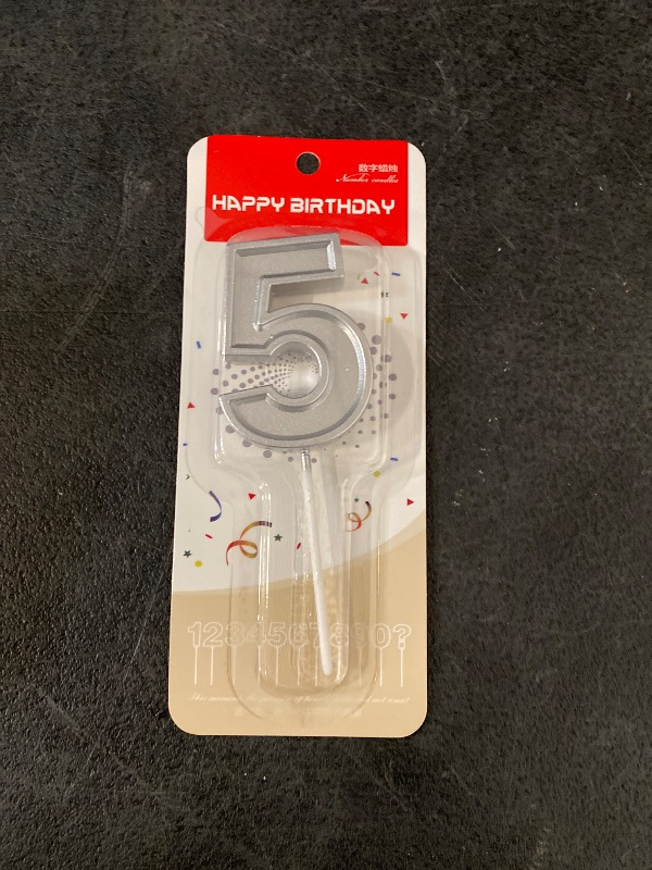 Photo 1 of Luter Silver Happy Birthday Cake Candles Number Candles Number 5 Birthday Candle Cake Topper Decoration for Party Kids Adults (Number 5)