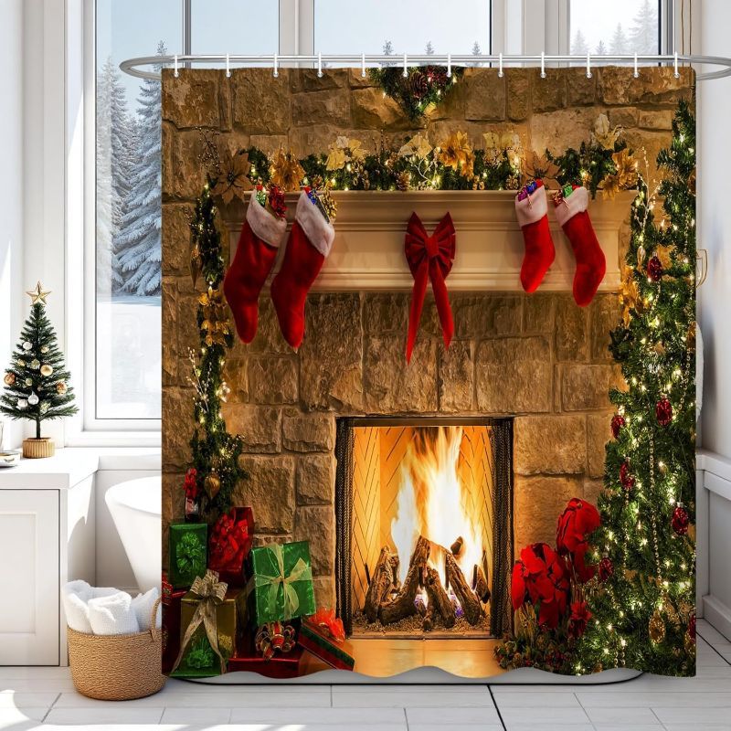Photo 1 of 72 x 72 Inch Christmas Fireplace Shower Curtains Sets Winter Interior Xmas Tree Stockings Shower Curtain for Bathroom Decor Christmas Machine Washable Bathtub Decor Curtain with Hooks
