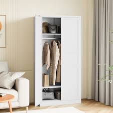 Photo 1 of 71" Armoire Wardrobe Closet, Metal Armoire Closet Clothing Storage Cabinet with Hanging Rod & Adjustable Shelf for Bedroom Dorm(White)