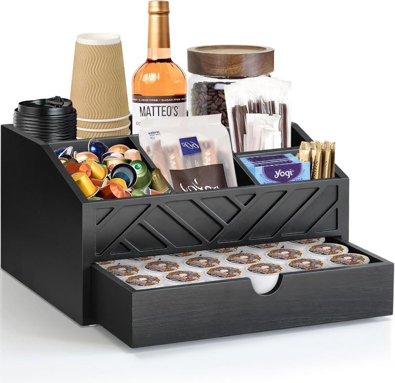Photo 1 of Coffee Bar Organizer with Drawer, Coffee Station Organizer for Countertop, Wood Coffee Bar Accessories Organizer for Coffee Bar Decor, Farmhouse Cup Pod Holder Condiment Organizer(Black)
