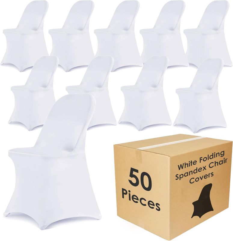 Photo 1 of Craft And Party 50 Pack White Spandex Folding Chair Covers, Stretch Polyester Slipcovers for Wedding, Party & Dining Chairs – Flat Front Design, Universal Fit
