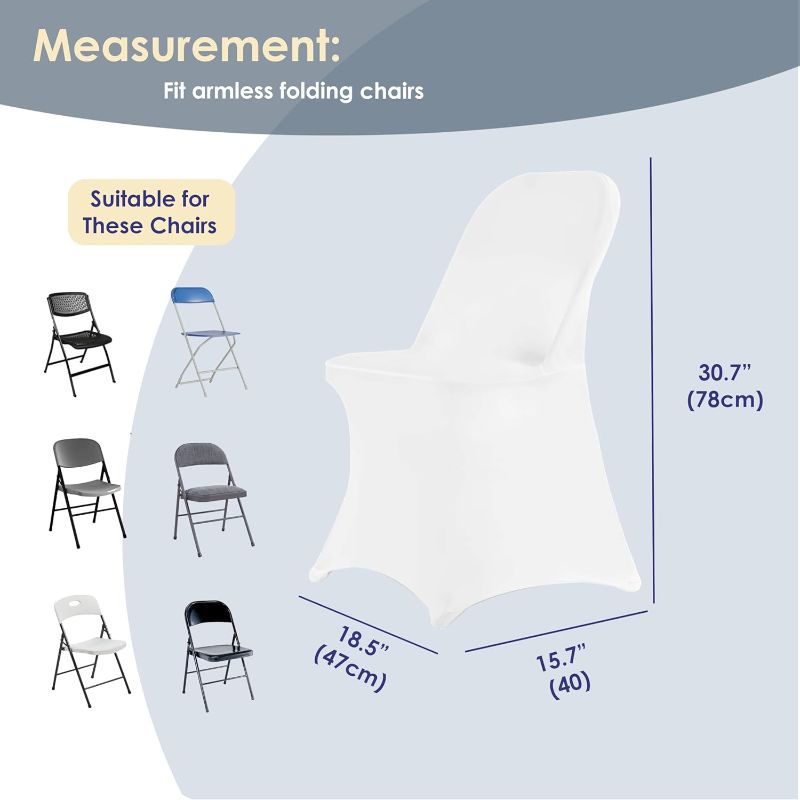 Photo 1 of Craft And Party 50 Pack White Spandex Folding Chair Covers, Stretch Polyester Slipcovers for Wedding, Party & Dining Chairs – Flat Front Design, Universal Fit

