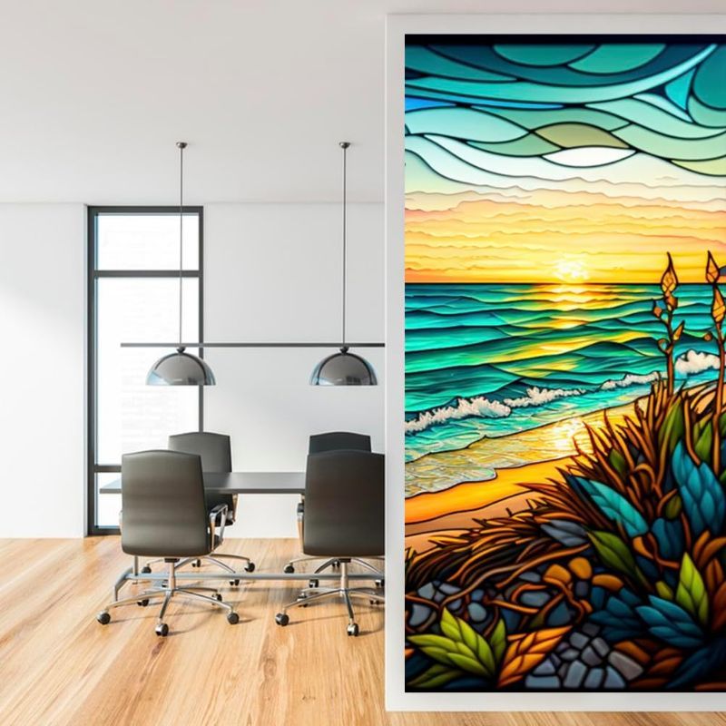 Photo 1 of Privacy Window Film Colorful Seaside Sunset Stained Glass Window Film Decorative Frosted Window Cling Non-Adhesive Static Cling for Window & Glass Door
