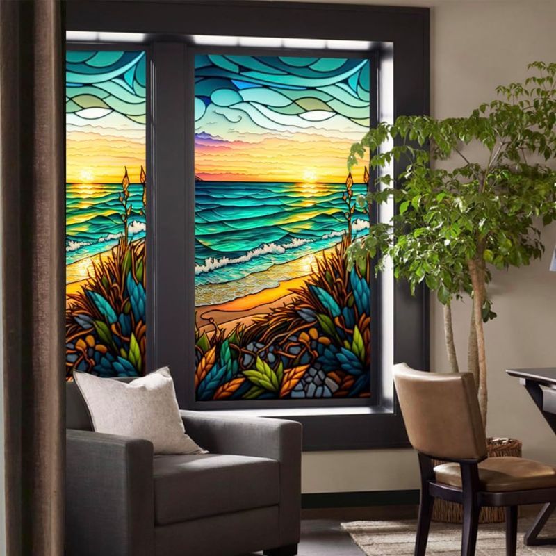 Photo 1 of Privacy Window Film Colorful Seaside Sunset Stained Glass Window Film Decorative Frosted Window Cling Non-Adhesive Static Cling for Window & Glass Door
