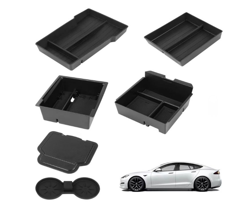 Photo 1 of 6 PCS Center Console Organizer Tray Set, 5 Storage Holders, Non-Slip Mat for Dual Cups, Webcam Cover, Compatible with Tesla M3 2024-2025, Model Y 2025, Interior Storage Accessories
