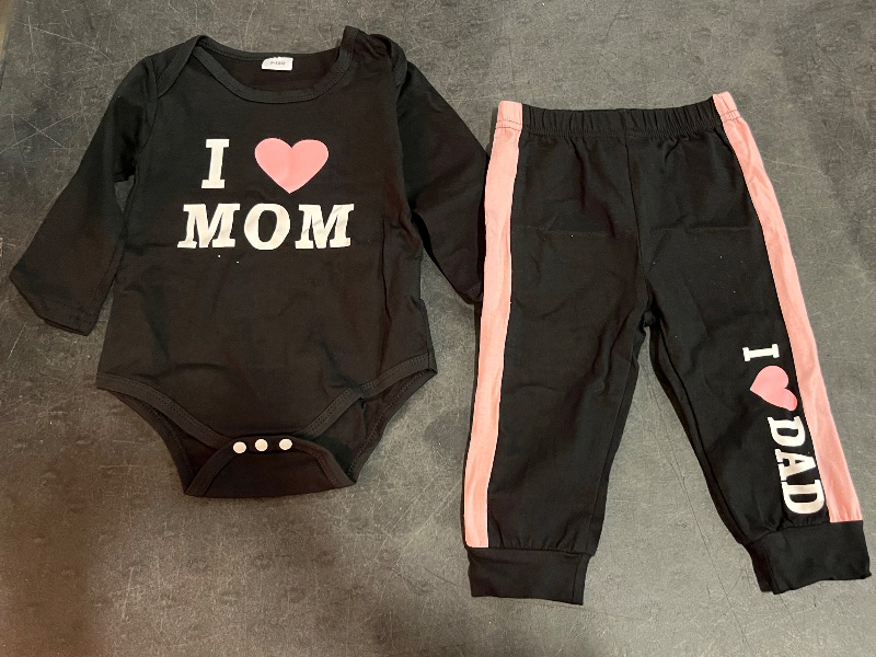 Photo 1 of (9-8M) Baby Girls Spring Clothes 2 Piece Letter Print Bodysuit + Sweatpants Outfits Cute Lightweight Sweatsuit