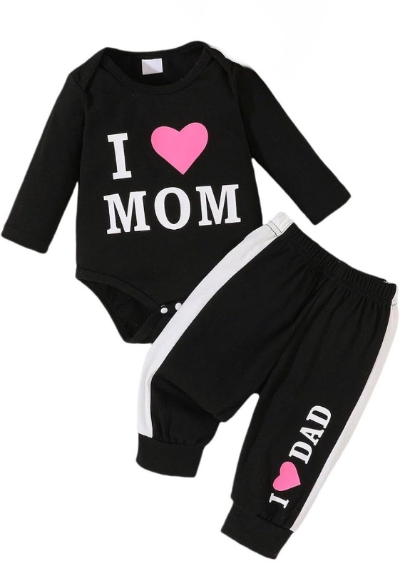 Photo 1 of (9-8M) Baby Girls Spring Clothes 2 Piece Letter Print Bodysuit + Sweatpants Outfits Cute Lightweight Sweatsuit
