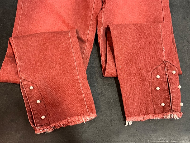 View 3 of (M) Womens Straight Legged Jeans with a Raw Hem and Pearl Detailing on the Ankle Cuff - Red