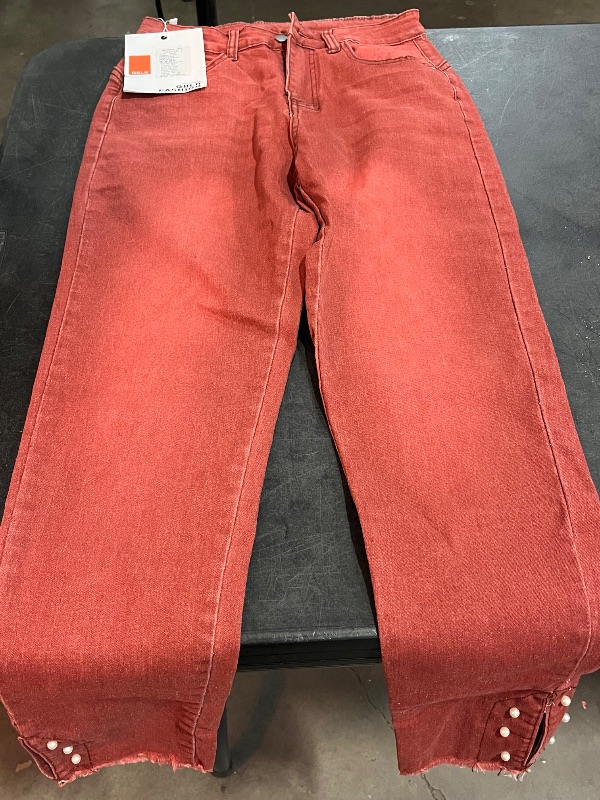 View 1 of (M) Womens Straight Legged Jeans with a Raw Hem and Pearl Detailing on the Ankle Cuff - Red