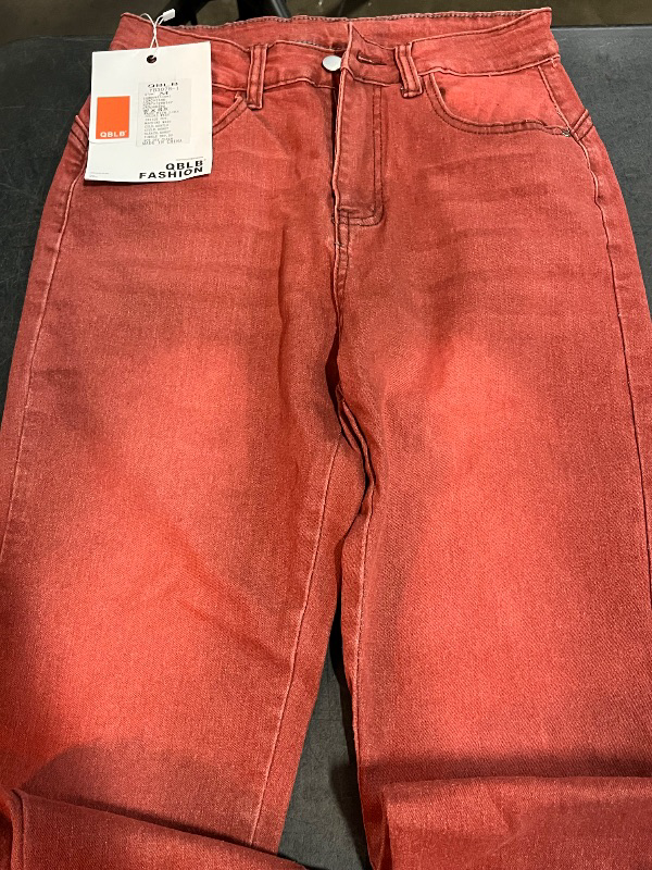View 2 of (M) Womens Straight Legged Jeans with a Raw Hem and Pearl Detailing on the Ankle Cuff - Red