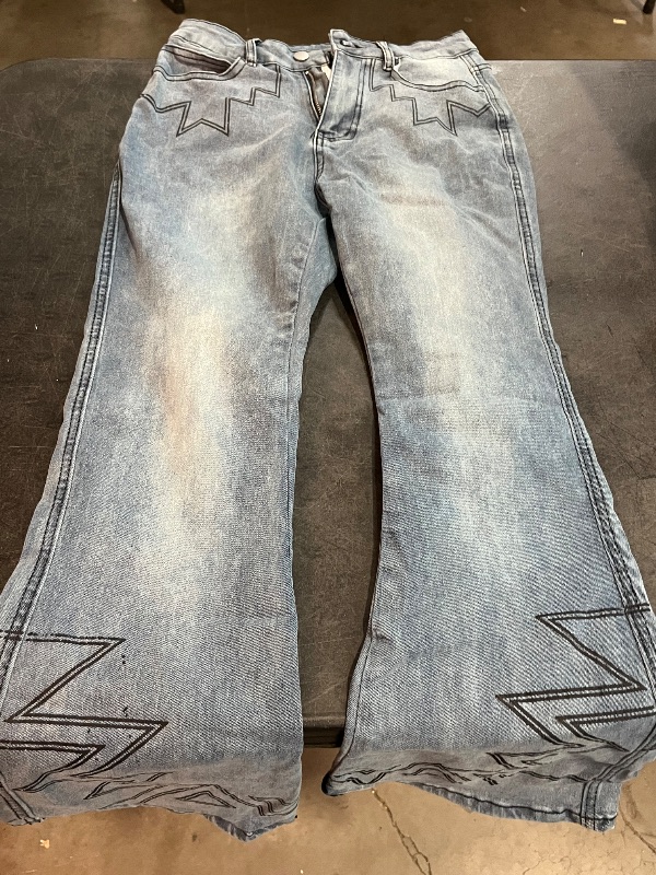 Photo 1 of (M) Women's Western Embroidered Bell Bottom Jeans Mid Rise Curvy Fit Wide Leg Denim Pants
