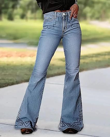 Photo 1 of (M) Women's Western Embroidered Bell Bottom Jeans Mid Rise Curvy Fit Wide Leg Denim Pants

