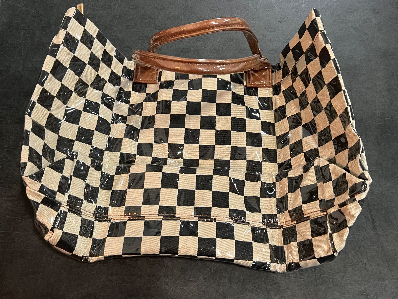 Photo 1 of Checkered Tote Bag for Women,Trendy Print Handbag,Large Capacity Waterproof Plastic Shoulder Bag,Canvas Lining
