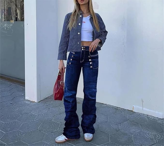 Photo 1 of (S) Retro Double Breasted High Street Bootcut Jeans for Women High Waisted Flare Fitted Casual Outwear Pants