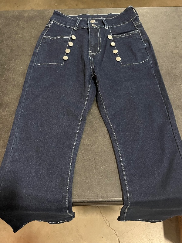 Photo 1 of (S) Retro Double Breasted High Street Bootcut Jeans for Women High Waisted Flare Fitted Casual Outwear Pants