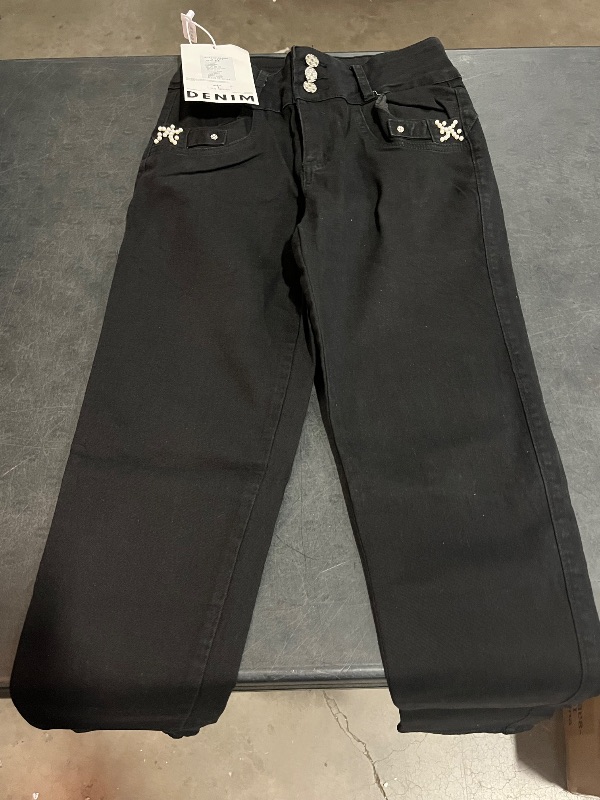 Photo 1 of (M) Womens Skinny Legged Black Denim Jeans with Diamond Pattern on Front Pockets and Ribboned on Back Pockets