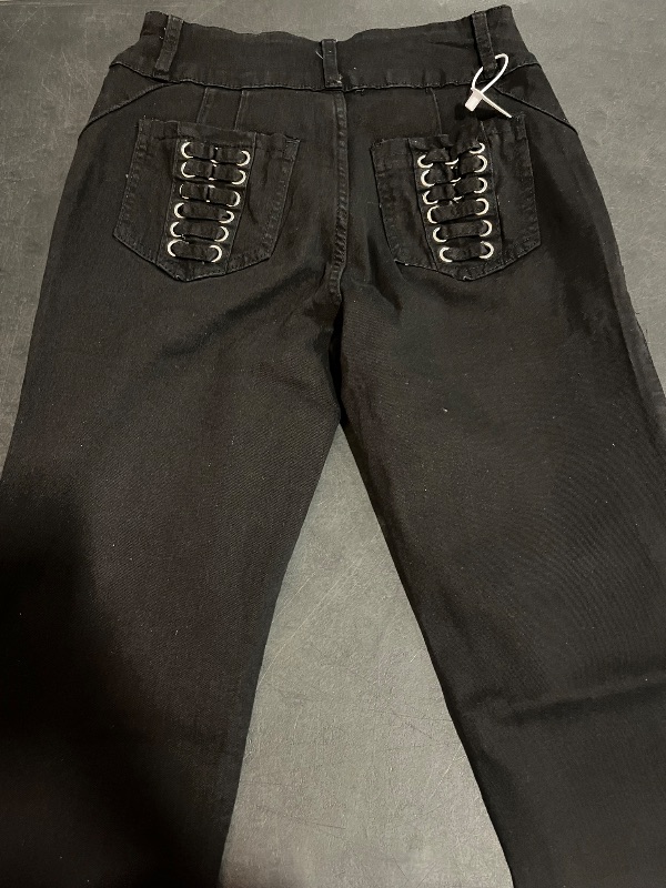 Photo 1 of (M) Womens Skinny Legged Black Denim Jeans with Diamond Pattern on Front Pockets and Ribboned on Back Pockets