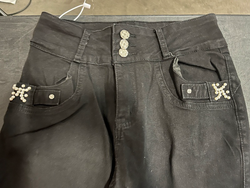 Photo 1 of (M) Womens Skinny Legged Black Denim Jeans with Diamond Pattern on Front Pockets and Ribboned on Back Pockets