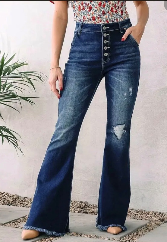 Photo 1 of (L) Womens Ripped Flare Jeans High Waisted Bell Bottoms 
