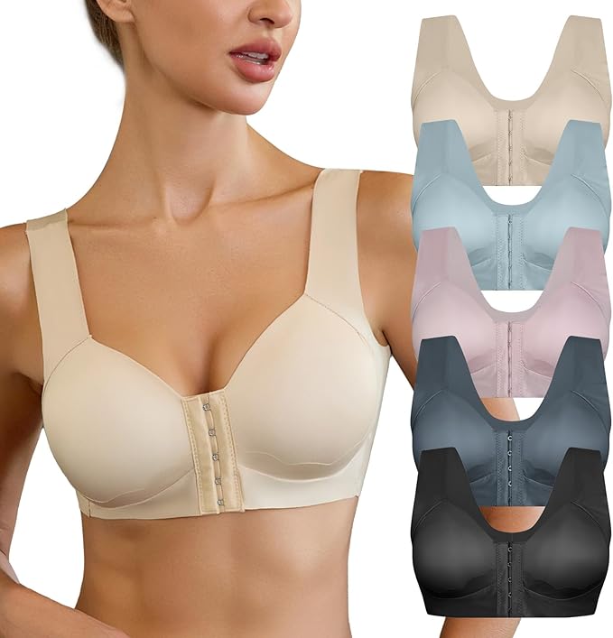 Photo 1 of (XL) Front Closure Bras for Women No Underwire Minimizer Bar Breathable Post Surgery Mastectomy Bras Packs Anti Sagging Wireless Push Up Compression Set for Young Elderly Lady - XL

