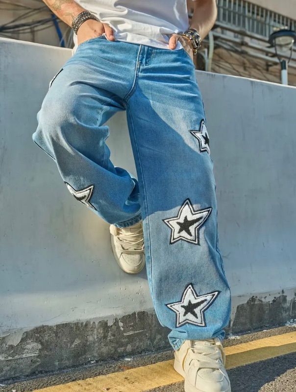 Photo 1 of (L) Mens Vintage Inspired Star Pattern Loose Fit Jeans Straight Leg