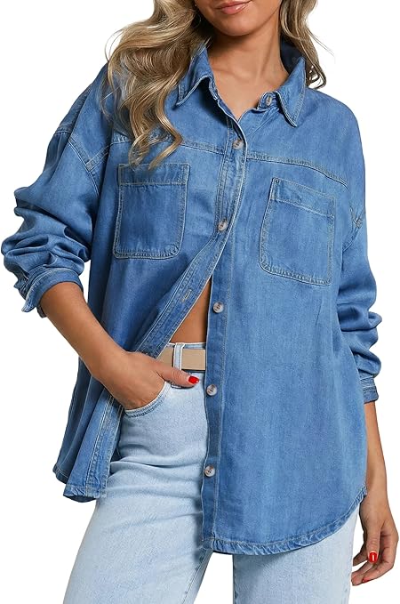 Photo 1 of (L)  Women Denim Shirts Oversized Long Sleeve Button Down Blouse Distresse Jean Jacket Fall Outfits