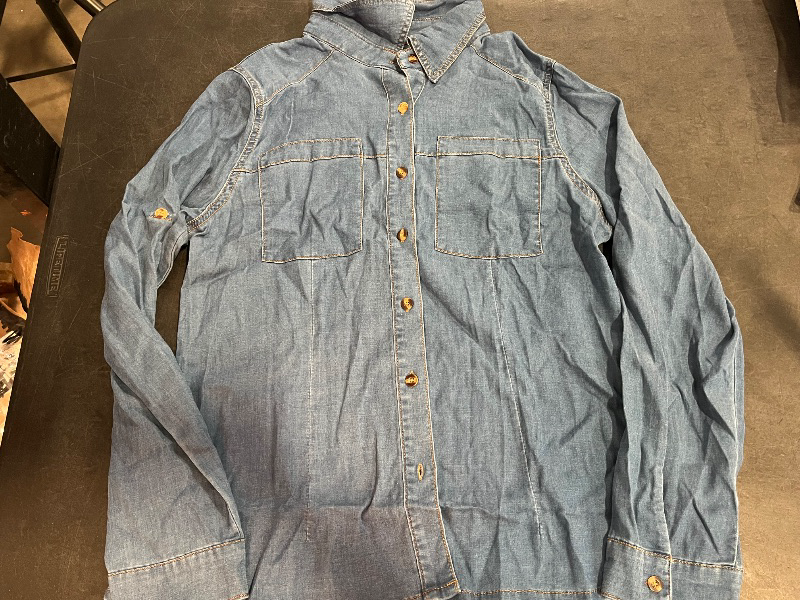 Photo 1 of (L)  Women Denim Shirts Oversized Long Sleeve Button Down Blouse Distresse Jean Jacket Fall Outfits