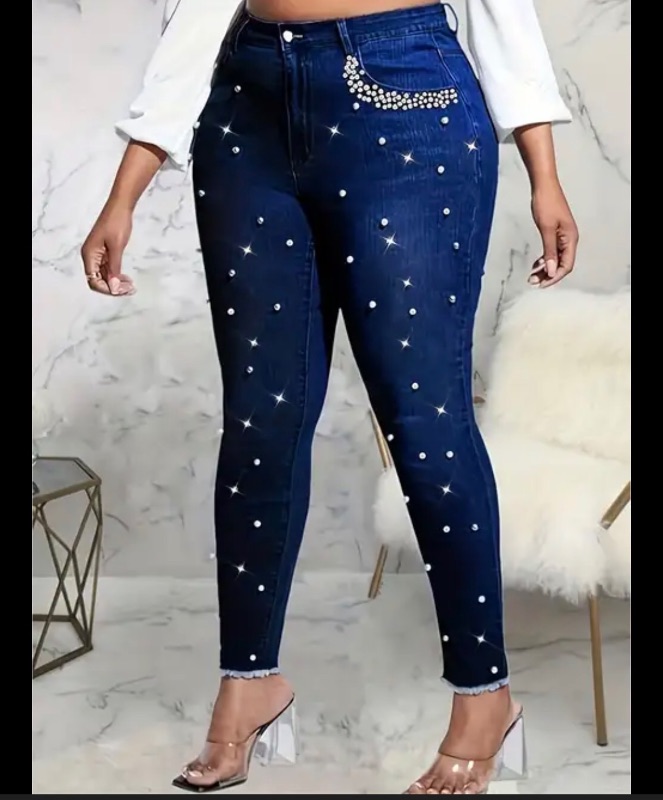 Photo 1 of (XXL) Womens Skinny Leg Denim Jeans with Pearls 