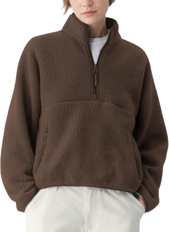 Photo 1 of (M) Womens Fleece Sweatshirts Cropped Half Zip Fuzzy Warm Sherpa Pullover Varsity Jackets with Zipper Pockets
