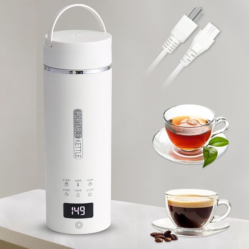 Photo 1 of Compact Portable Electric Kettle, LCD Display with 6 Temperature Settings, 304 Stainless Steel, 450ml/15.2oz, Auto Shut-Off and Boil-Dry Protection, Travel Electric Kettle Teapot, White

