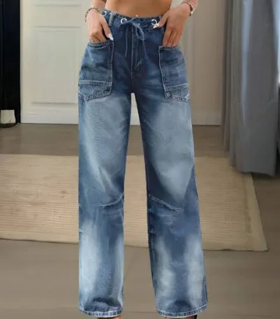 Photo 1 of (XL)  Ladies Casual Straight Jeans With Drawstring And Pocket, Long, Non-Elastic Fabric, Cotton, Suitable For Everyday Wear, Essential For All Seasons.