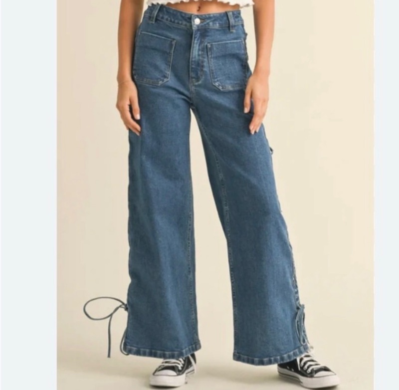 Photo 1 of (S) Womens Wide Leg High Rise Blue Jeans with Lacing Up Side Leg