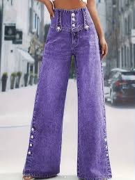 Photo 1 of (S)  Women's Purple Jeans with Adjustable Button Waist & Cuff - Wide-Leg Straight-Leg Trousers, Mid-Rise Fit, All-Season Casual Pants (Machine Washable) for Home, Travel, Office - Purple Jeans for Jeans-Loving Women
