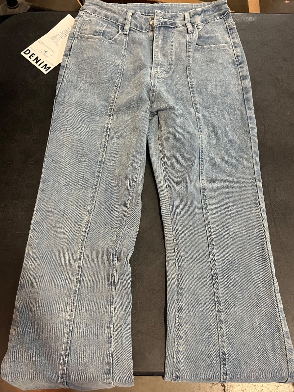 Photo 1 of (S) Womens Light Wash Denim Jeans with Front Seam Detail WIde Leg Jeans 