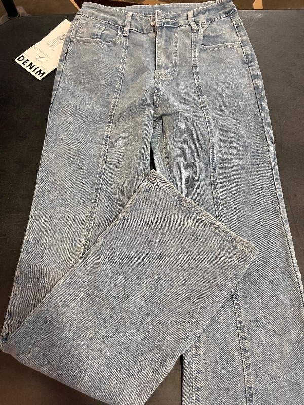 Photo 1 of (S) Womens Light Wash Denim Jeans with Front Seam Detail WIde Leg Jeans 