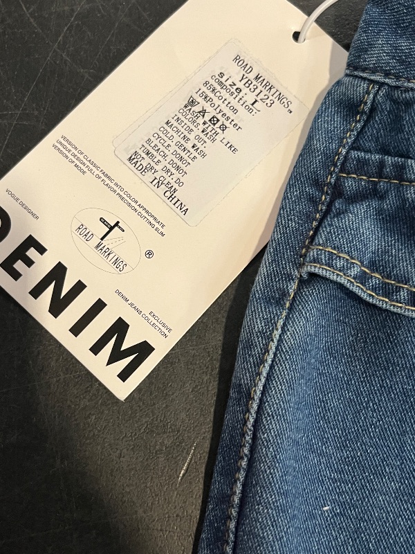 Photo 1 of (L) Womens Denim Jeans with OverLapped Pockets in Front and Tie on Bottom Leg, Wide Leg, Medium Wash Jeans 