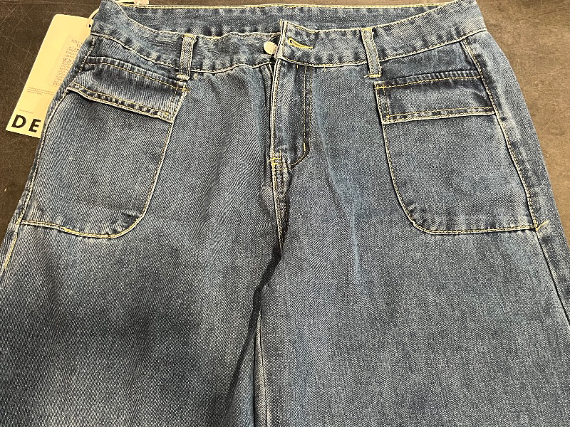 Photo 1 of (L) Womens Denim Jeans with OverLapped Pockets in Front and Tie on Bottom Leg, Wide Leg, Medium Wash Jeans 