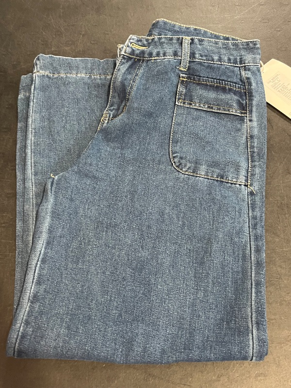 Photo 1 of (L) Womens Denim Jeans with OverLapped Pockets in Front and Tie on Bottom Leg, Wide Leg, Medium Wash Jeans 