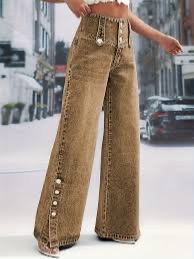 Photo 1 of (M) Cinnamon-Colored High-Waisted Flared Jeans for Women Featuring a Multi-Button Closure, Side Splits, And Button Details That Enhance The Shape of The Butt. These Jeans Embody a Classic, Trendy Vintage Style Suitable for Daily Wear, Office Commutes