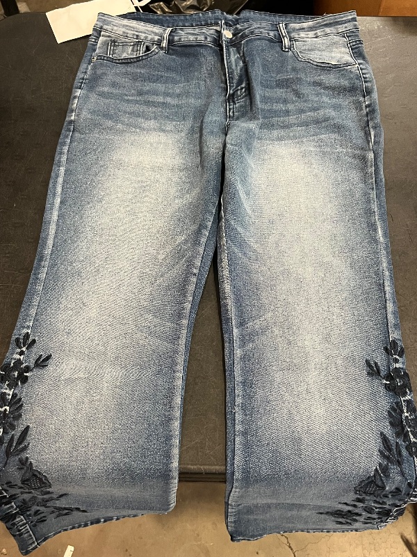 Photo 1 of (XXL) Womens Trendy Light Blue Floral Print Flared  Jeans 