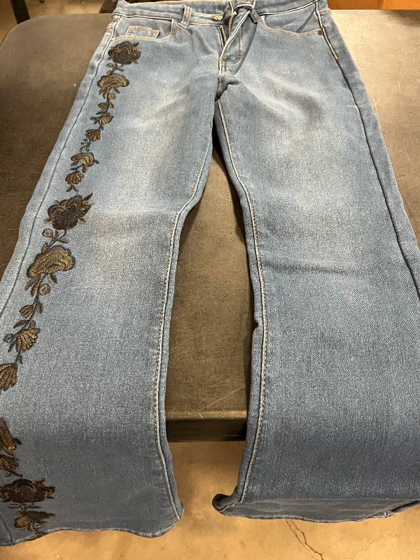 Photo 1 of (M) Womens Medium Wash Jeans with Flower Pattern Going Down the Leg- Wide Leg - Bootcut 