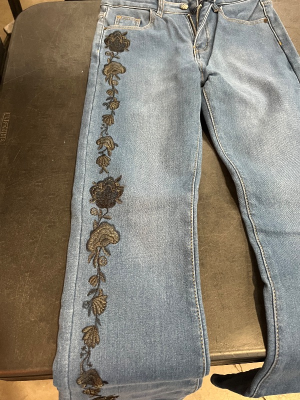 Photo 1 of (M) Womens Medium Wash Jeans with Flower Pattern Going Down the Leg- Wide Leg - Bootcut 