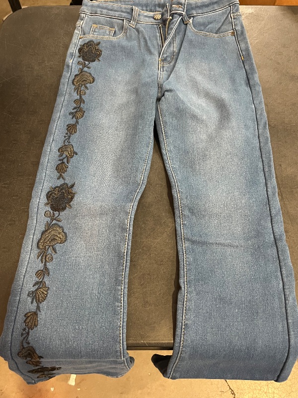 Photo 1 of (M) Womens Medium Wash Jeans with Flower Pattern Going Down the Leg- Wide Leg - Bootcut 