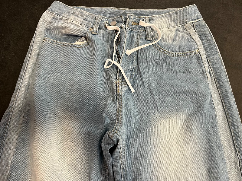 Photo 1 of (M) Women's Wide Leg Jeans High Waisted Stretchy Straight Leg Baggy Drawstring Zimbaplatinum Denim Pants
